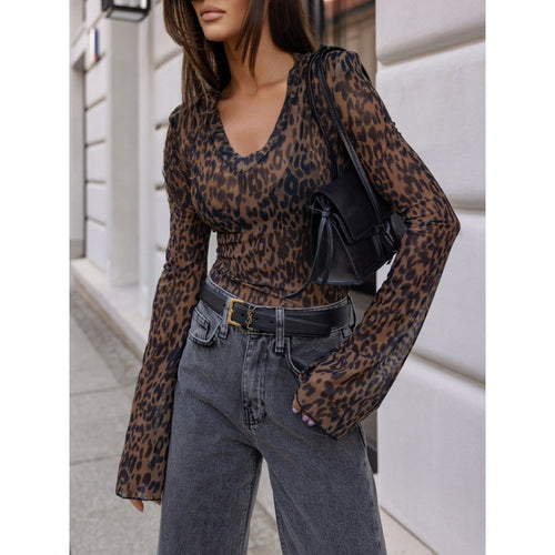 Damen Transparentes Langarmshirt im modernen Leopardenmuster Drune