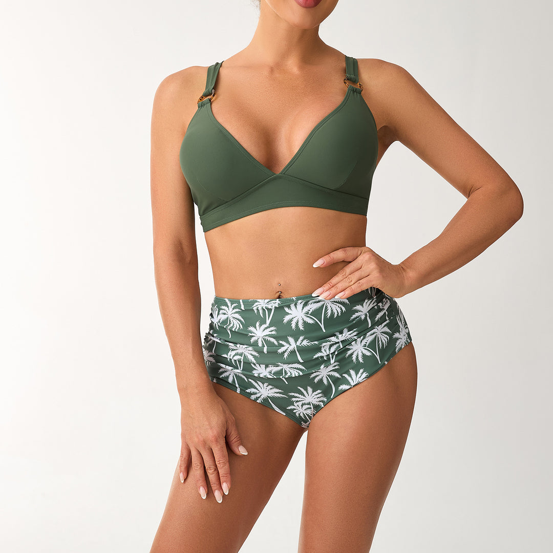 Damen Hochtailliertes Bikini-Set mit verstellbaren Trägern und stilvollem Palmendruck Drune