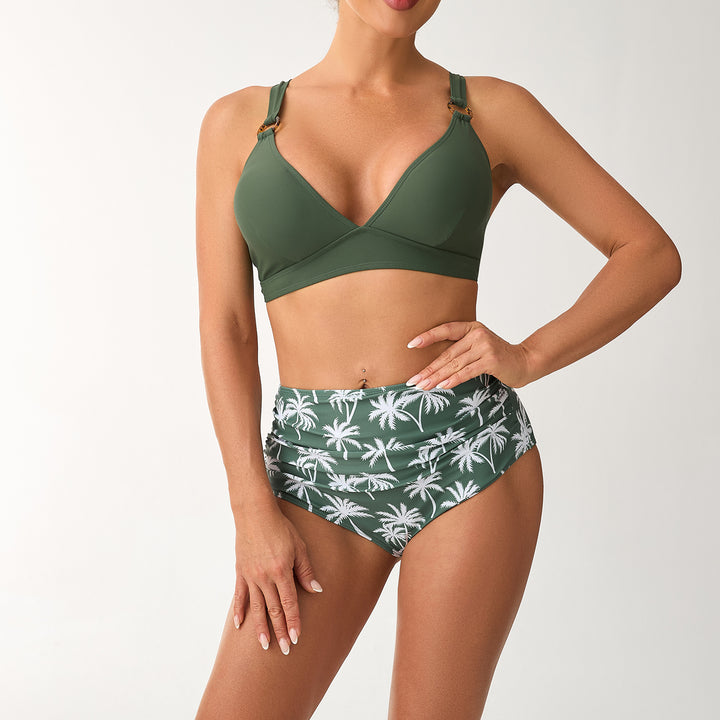 Damen Hochtailliertes Bikini-Set mit verstellbaren Trägern und stilvollem Palmendruck Drune