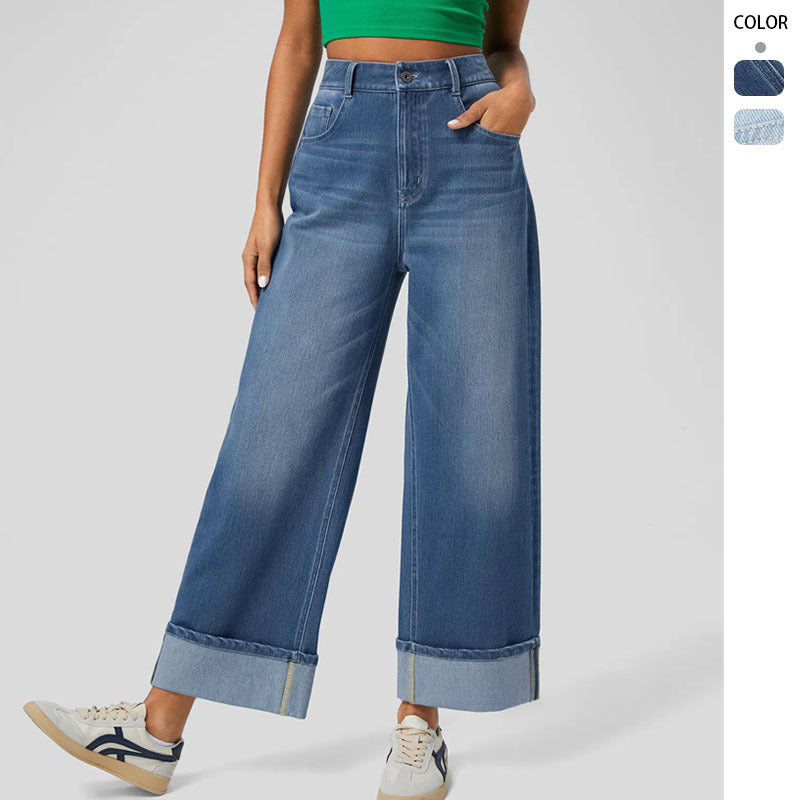 Damen nan hochgeschnittene weite Knöchellänge-Jeans mit breitem Umschlag und Fünf-Taschen-Schnitt Drune