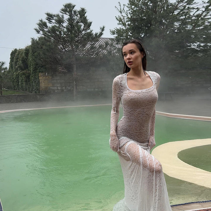 Damen elegantes, durchsichtiges Spitzenkleid mit langen Ärmeln Drune