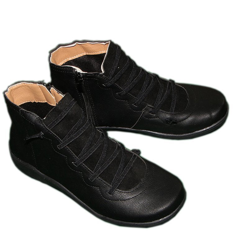 Damen nan knöchelhohe Leder-Stiefelette mit seitlichem Reißverschluss, elastischer Schnürung und gepolstertem Fußbett Drune