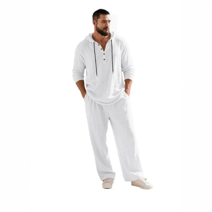 Herren nan lässiges Leinenzweiteiler-Set mit Kapuzenhemd im Henley-Stil und weiten Freizeit-Hosen Drune