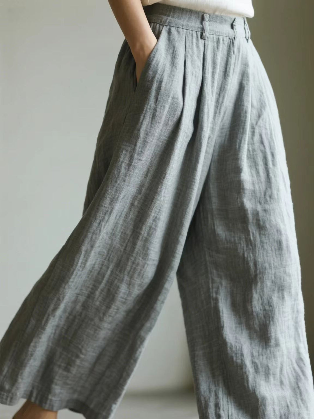 Damen weite Leinenhose mit eleganter Bundfalte und Taschen Drune