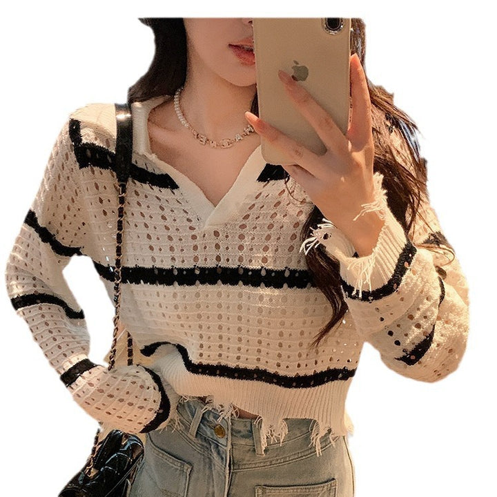 Damen luftiger Strickpullover mit modernem Netzdesign und durchgehendem Streifenmuster Drune