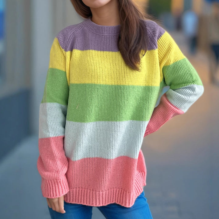 Damen gestreifter Strickpullover mit lässigem Schnitt und buntem Design Drune