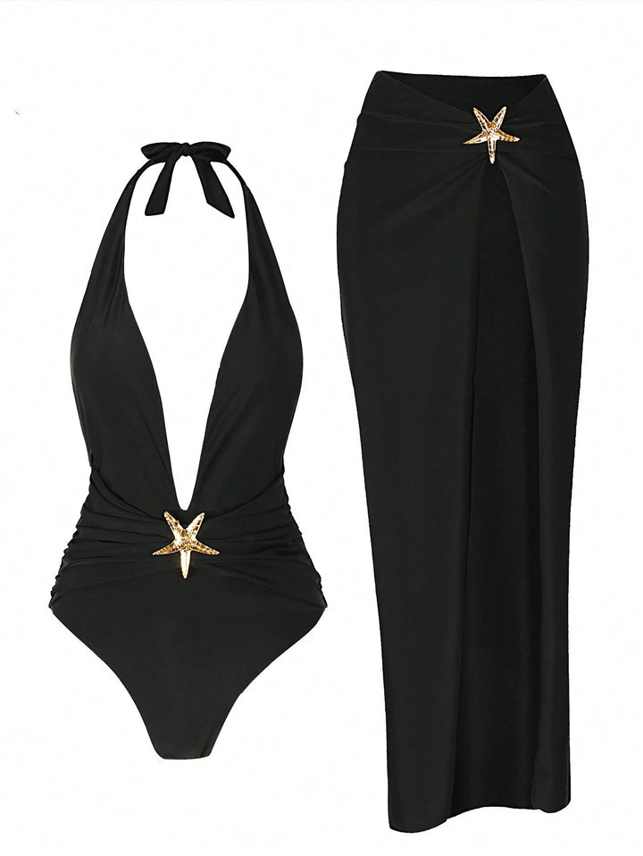 Damen eleganter einteiliger Badeanzug mit schickem Rock Drune