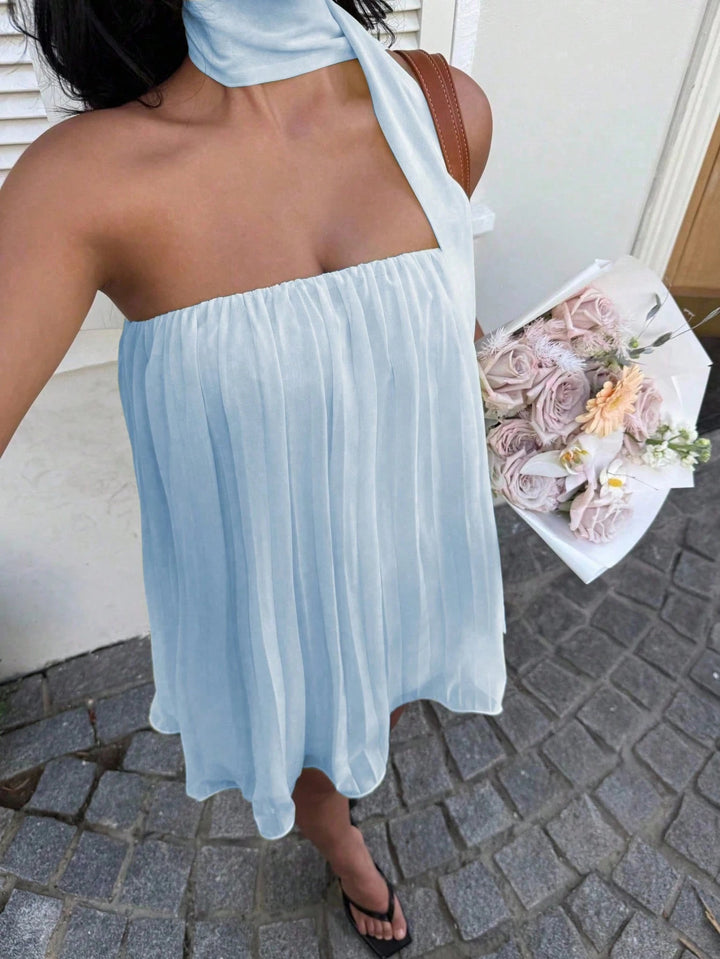 Damen kurzes Sommerkleid mit elegantem Bindegürtel und fließendem Design Drune