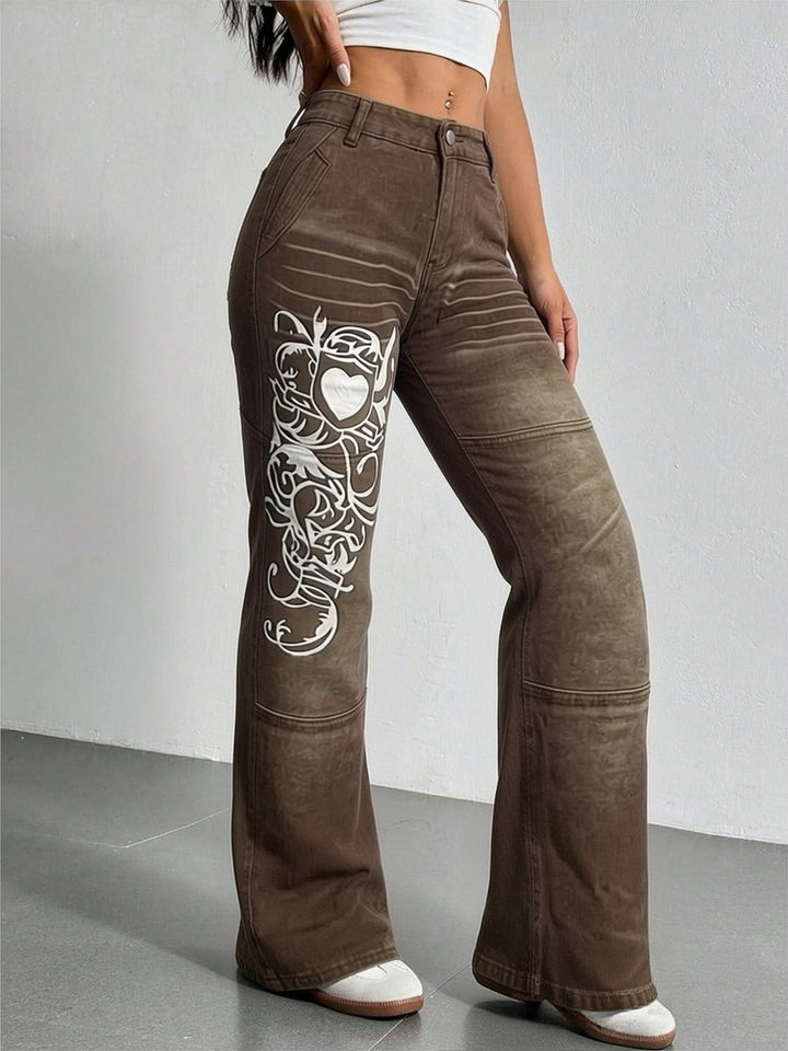Damen weite Jeans mit kunstvollem Aufdruck Drune