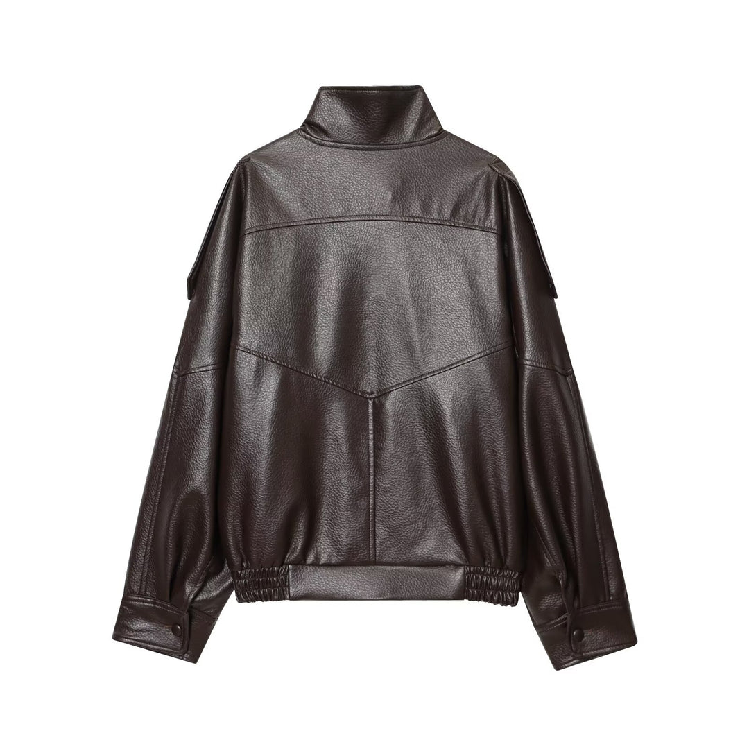 Damen nan Kunstleder-Bomberjacke mit hohem Stehkragen, asymmetrischer Druckknopfleiste und elastischem Saum Drune
