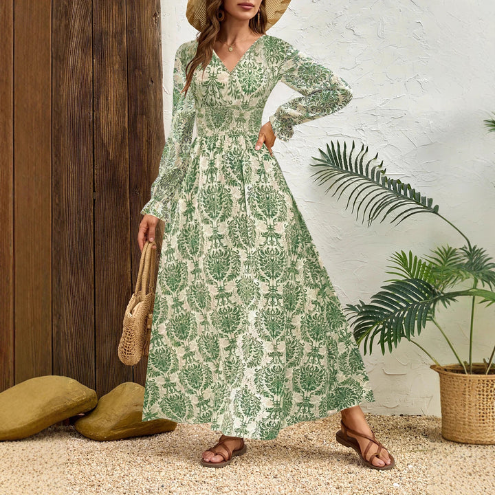Damen Langes Maxikleid mit floralem Jacquard-Muster und voluminösen Ärmeln Drune