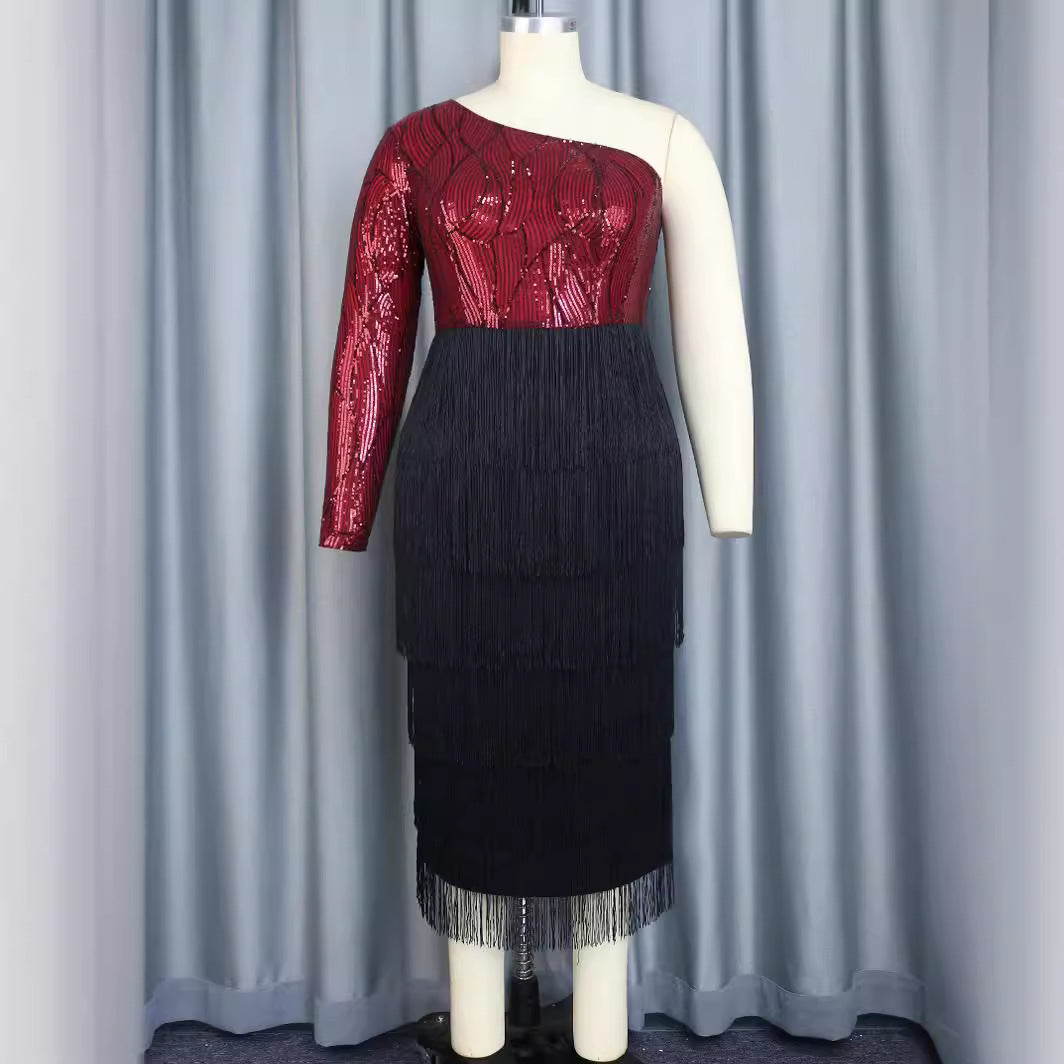 Damen Elegantes Cocktailkleid mit funkelnden Pailletten und Fransen Drune