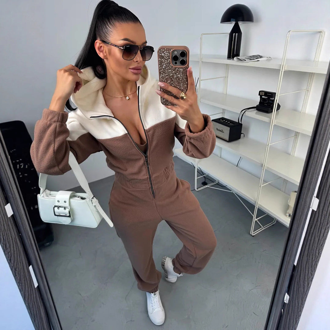 Damen Fleece-Jumpsuit mit Kapuze und Reißverschluss Drune