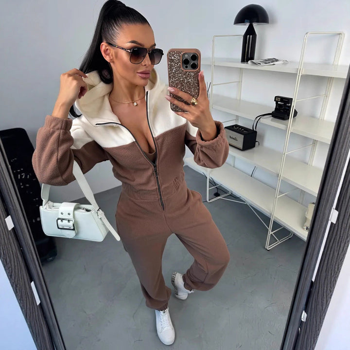 Damen Fleece-Jumpsuit mit Kapuze und Reißverschluss Drune