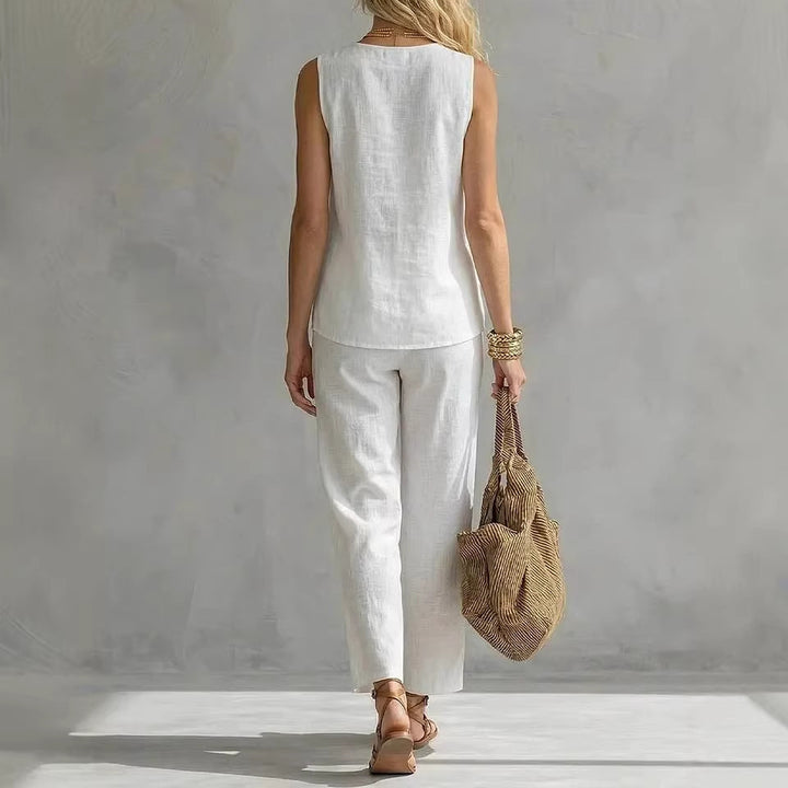 Damen Lässiges zweiteiliges Set mit ärmelloser Bluse und modischen Hosen Drune