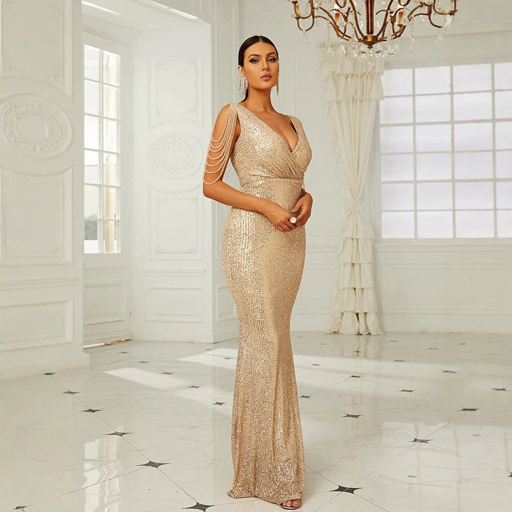 Damen Glamouröses Abendkleid mit funkelnden Pailletten und schulterfreien Ärmeln Drune