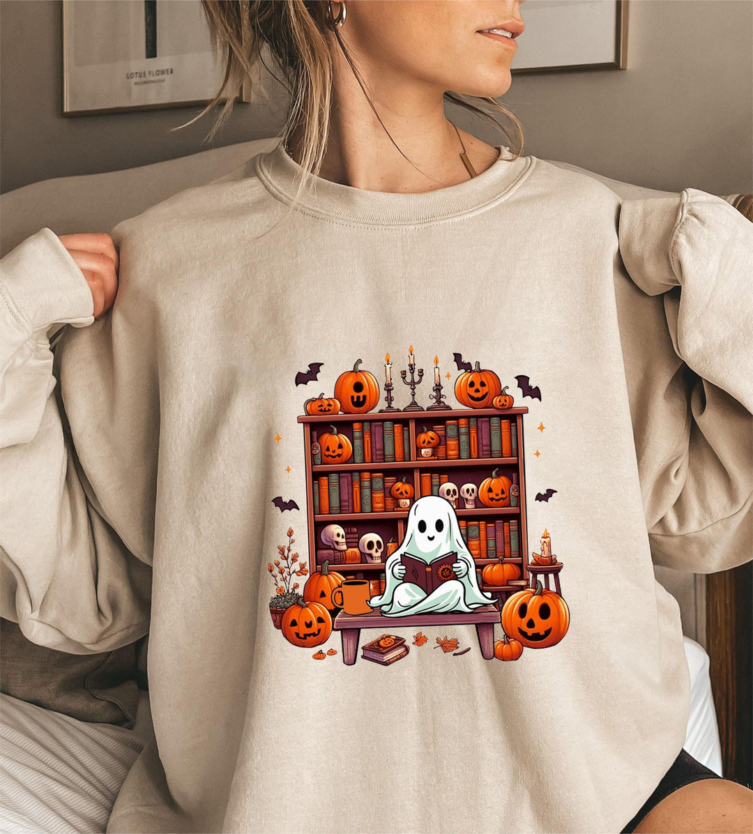 Damen Sweatshirt mit herbstlichem Gruselmotiv und lässigen Puffärmeln Drune