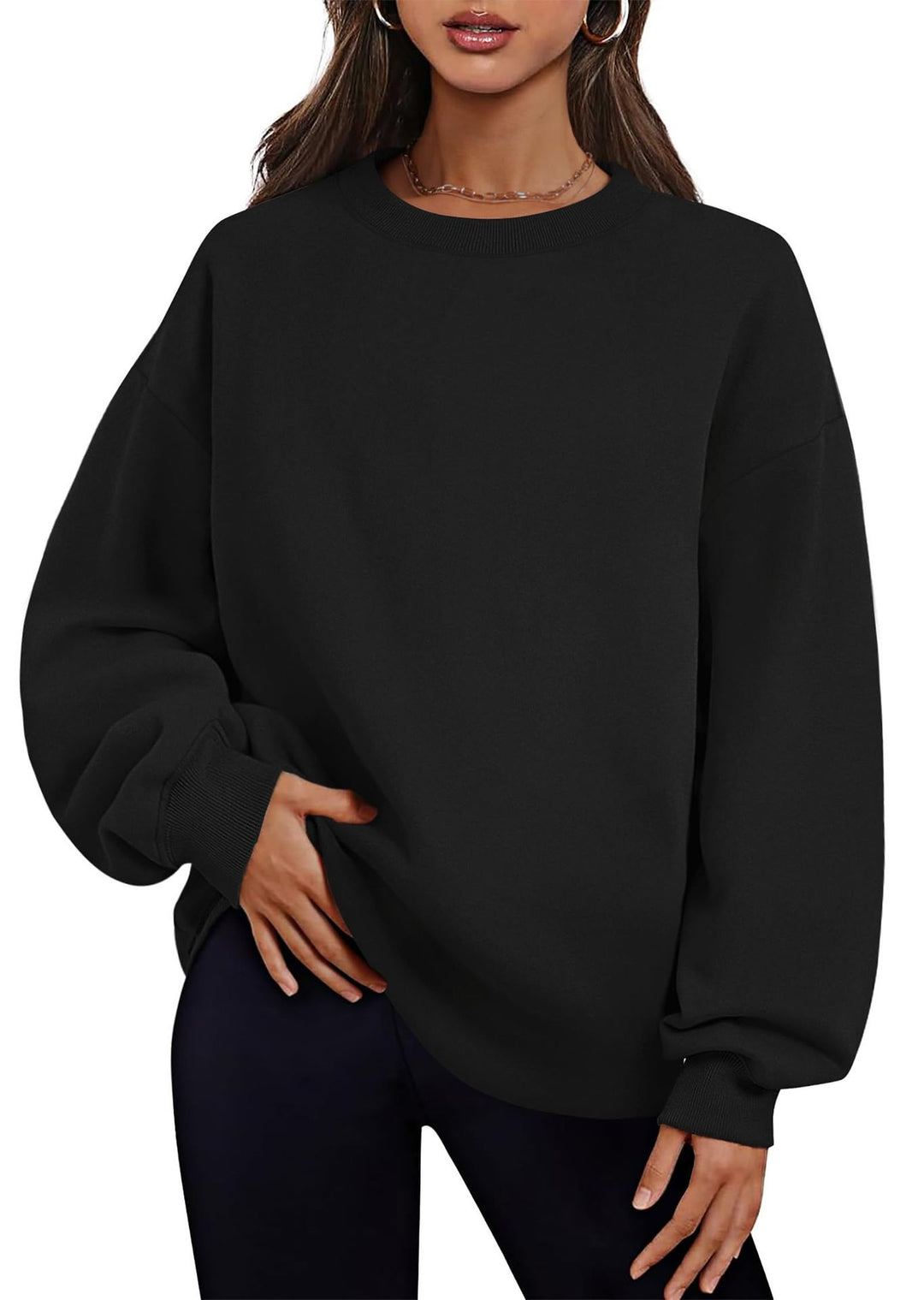 Damen nan verlängertes Oversize Rundhalspullover mit seitlichen Eingrifftaschen, Rippbündchen und überschnittener Schulter Drune