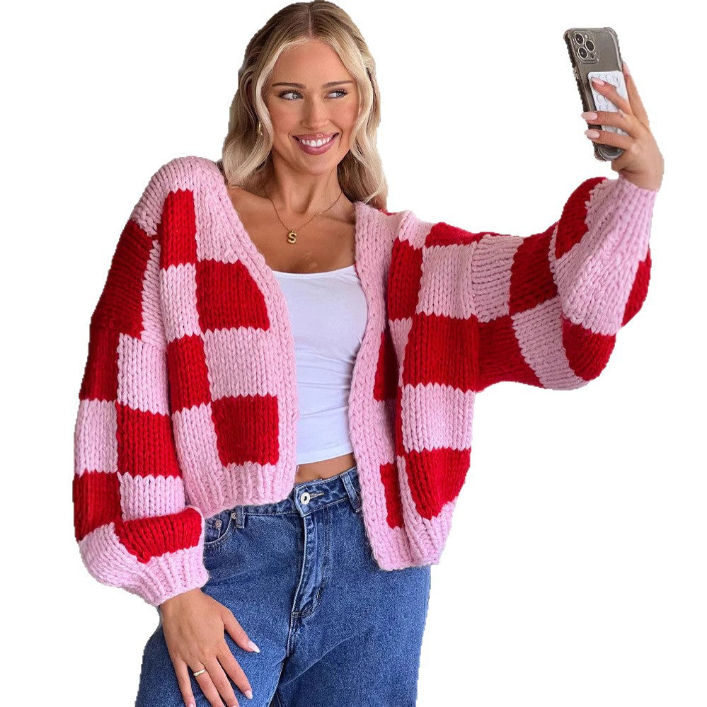 Damen Grobstrickjacke im modernen Karomuster Drune