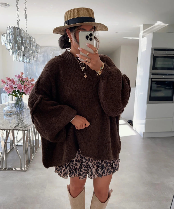 Damen lässiger Oversize Pullover mit hohen Ärmeln und unkonventionellem Schnitt Drune