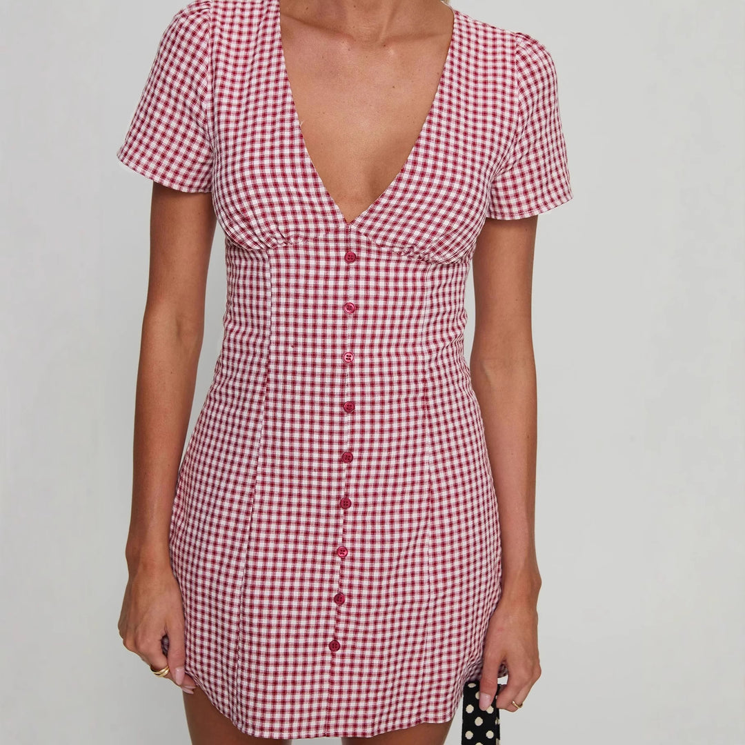 Damen Kurzärmeliges Kleid mit V-Ausschnitt und Knopfleiste Drune