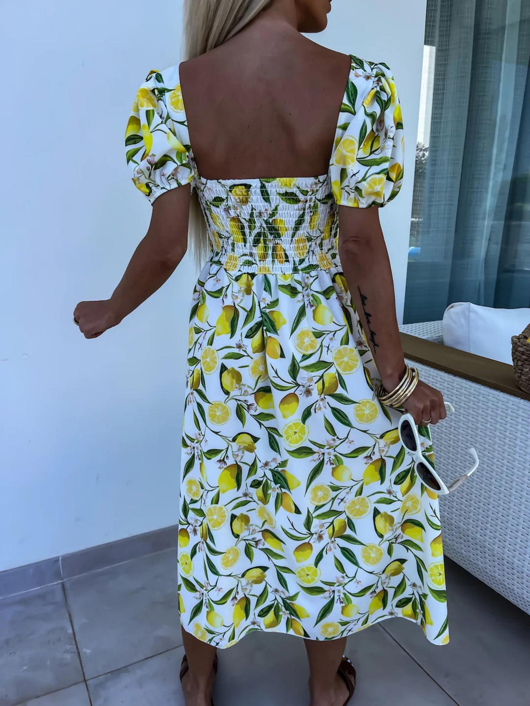 Damen Cut-Out Zitronen-Print Midi Kleid Drune