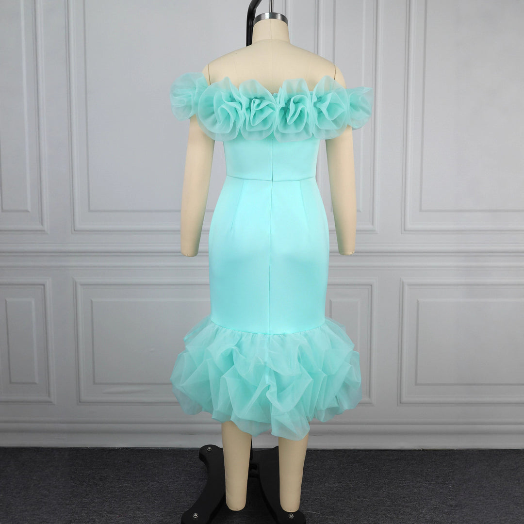 Damen Figurbetontes Kleid mit Rüschenärmel und voluminösem Saum Drune