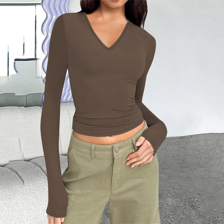 Damen Langarmshirt mit figurbetontem Schnitt und V-Ausschnitt Drune