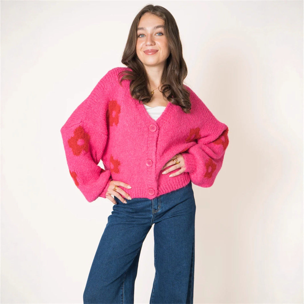 Damen Strickjacke mit floralem Muster und voluminösen Ärmeln Drune
