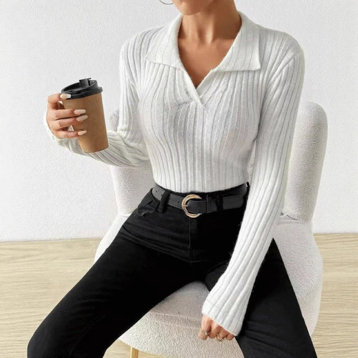 Damen figurbetonter Langarmpullover mit modischer Rippstruktur Drune
