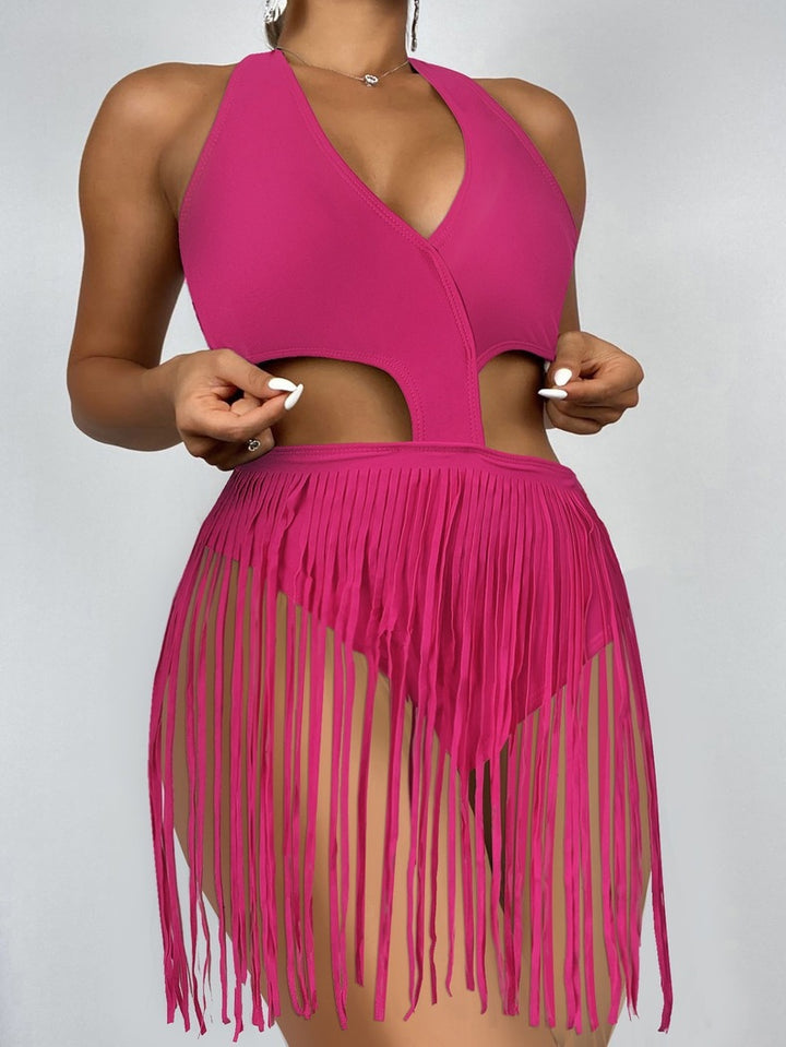 Damen Cut-Out Badeanzug mit fransenverzierter Rockpartie Drune