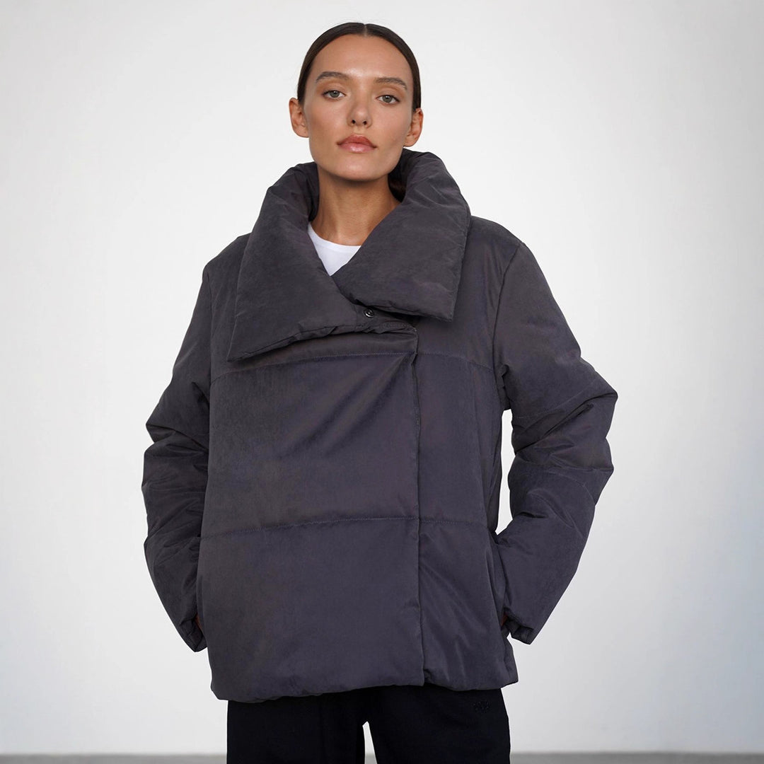 Damen Oversized Daunenjacke mit hohem Kragen und Druckknopfverschluss Drune