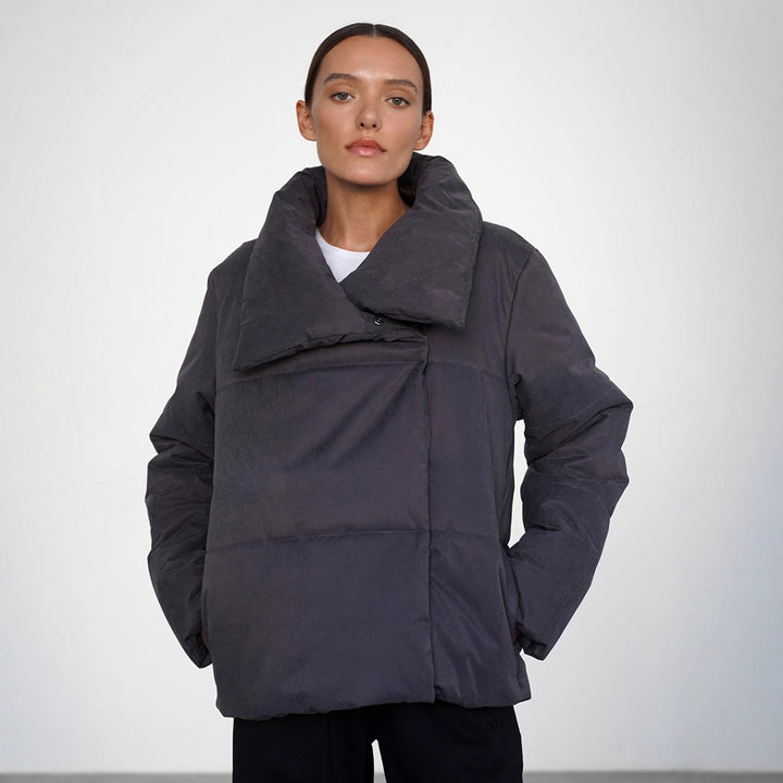 Damen Oversized Daunenjacke mit hohem Kragen und Druckknopfverschluss Drune