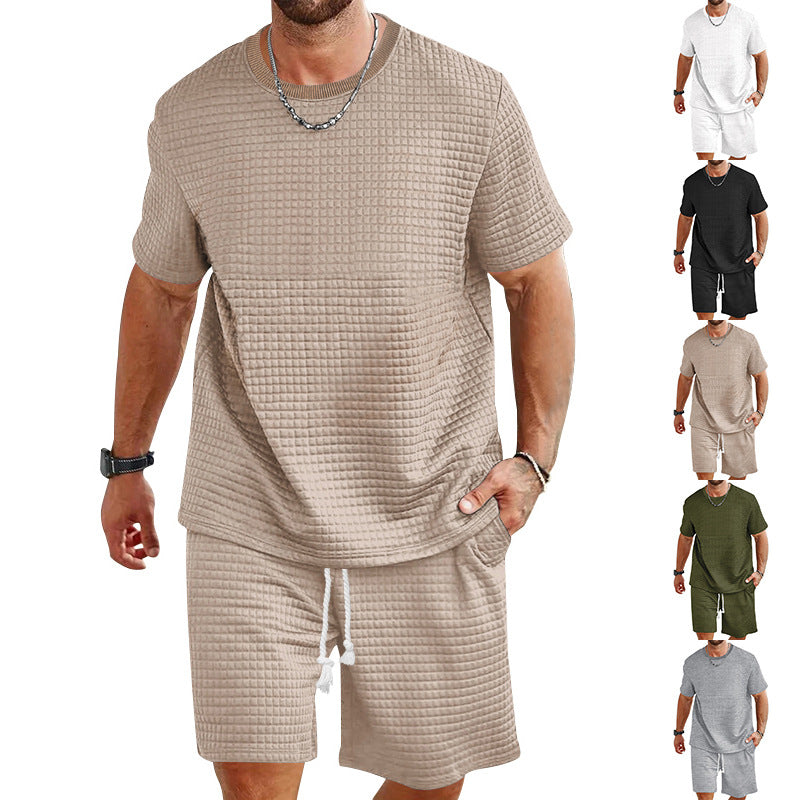 Herren nan Waffelstruktur Wohn- und Freizeit-Set mit weit geschnittenem Kurzarmshirt und kurzer Hose mit elastischem Bund Drune