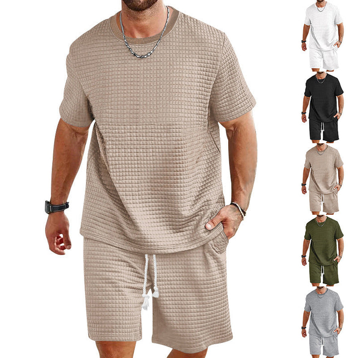 Herren nan Waffelstruktur Wohn- und Freizeit-Set mit weit geschnittenem Kurzarmshirt und kurzer Hose mit elastischem Bund Drune