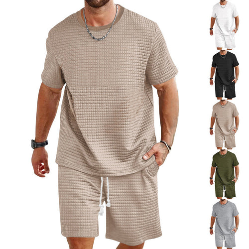 Herren nan Waffelstruktur Wohn- und Freizeit-Set mit weit geschnittenem Kurzarmshirt und kurzer Hose mit elastischem Bund Drune