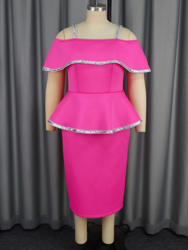Damen elegantes Peplum-Kleid mit schulterfreiem Design und Glitzerdetails Drune