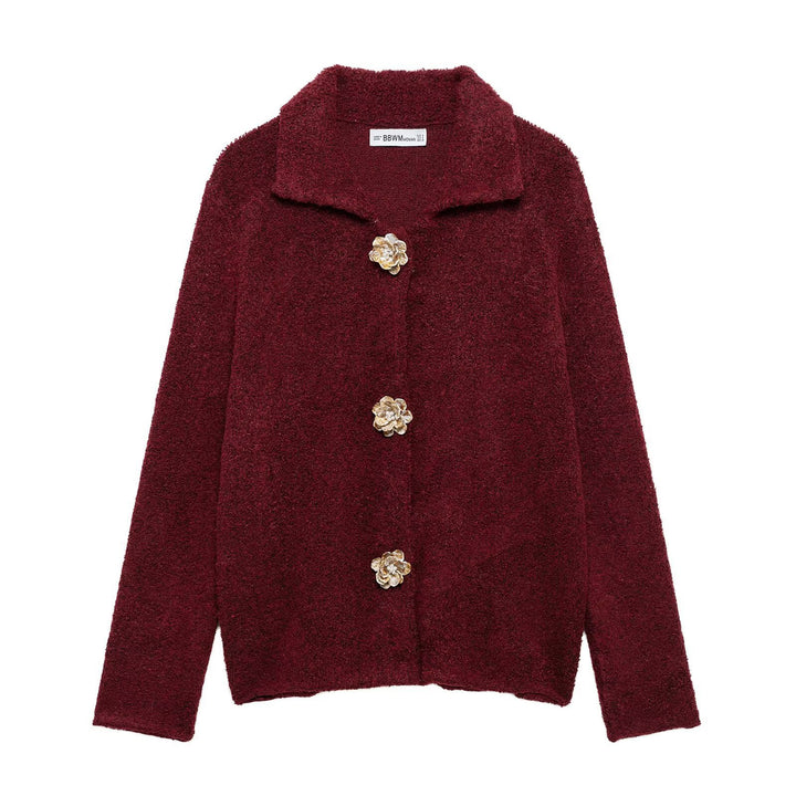 Damen Teddyjacke mit eleganten Blumenknopfdetails Drune