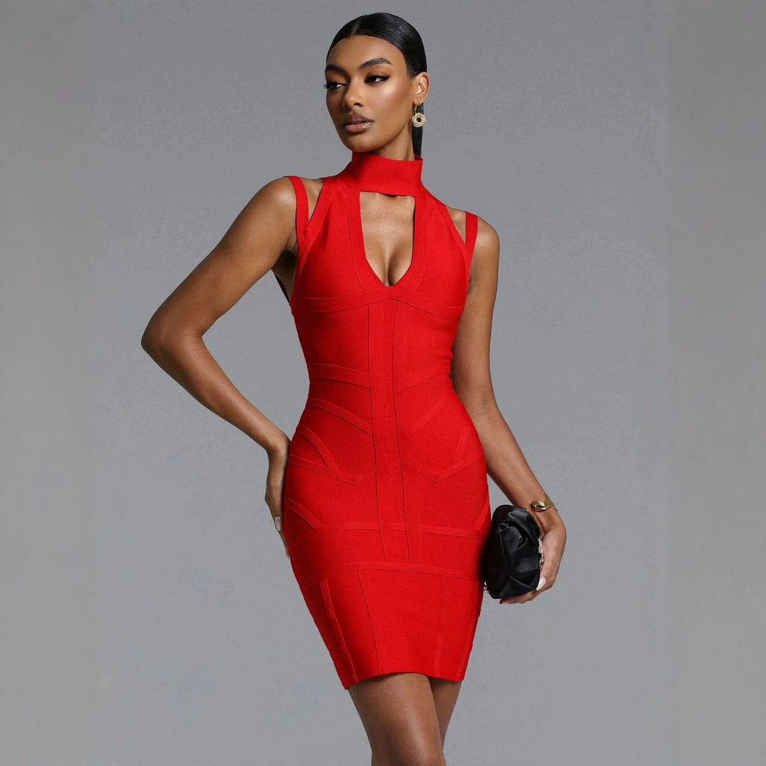 Damen Figurbetontes Minikleid mit hochgeschlossenem Ausschnitt und raffinierten Cut-Outs Drune