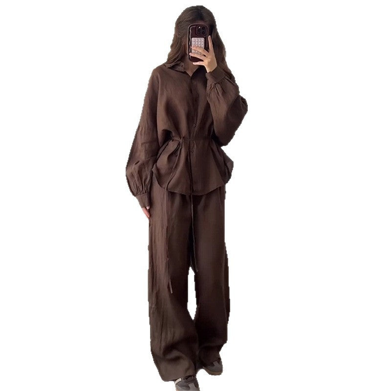 Damen lässiges Leinen-Loungewear-Set mit taillierter Bluse und weiten Hosen Drune