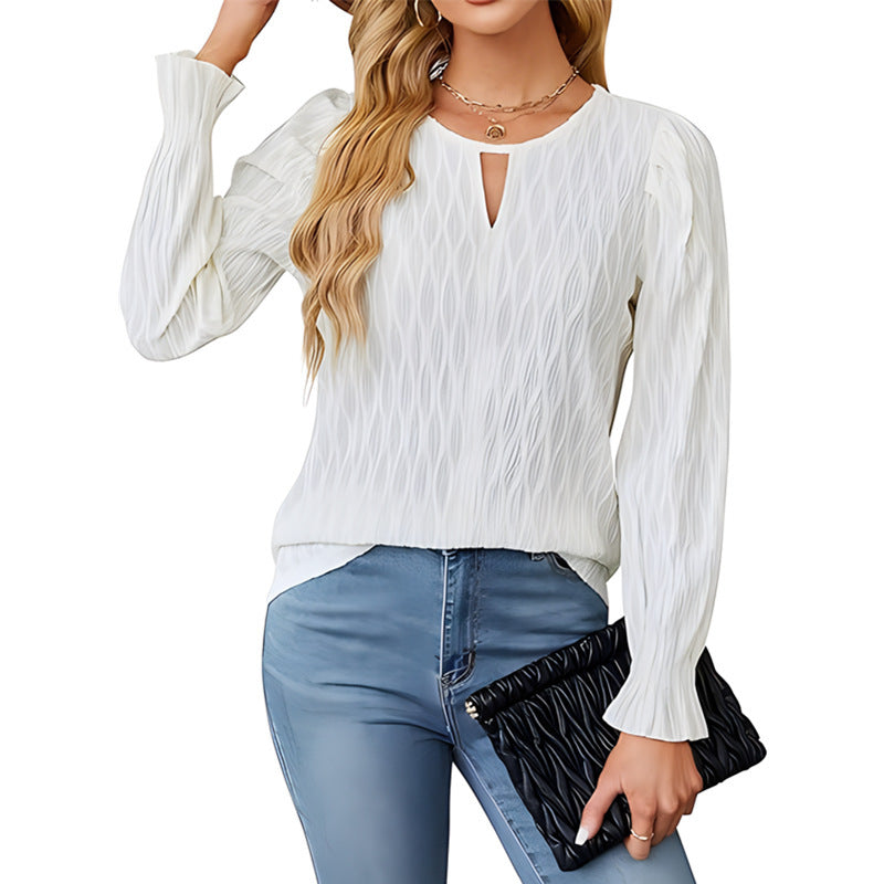 Damen elegantes Langarmshirt mit strukturiertem Stoff und Schlüsselloch-Ausschnitt Drune