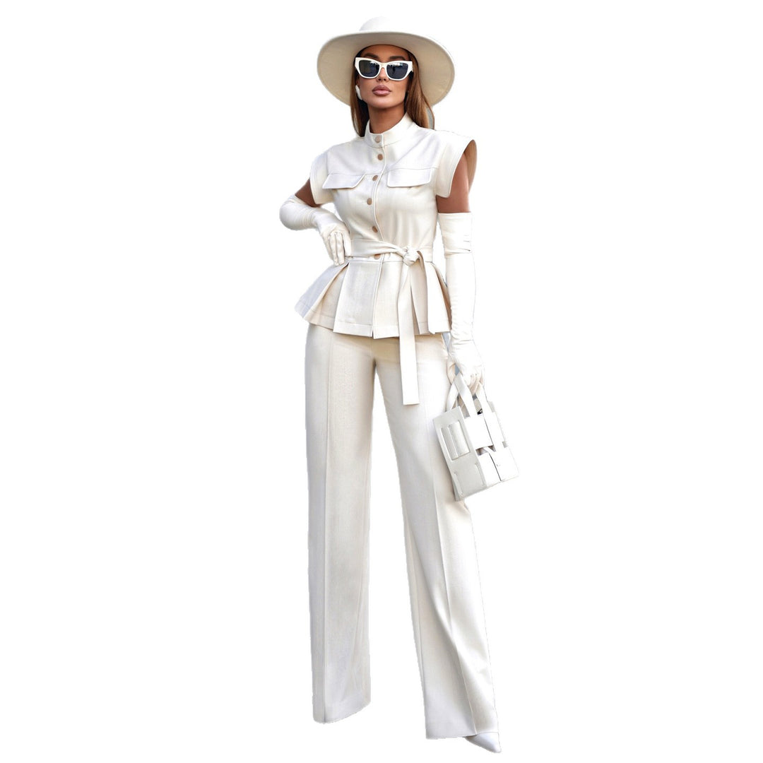 Damen Designer Blazer Set mit elegantem Wickelgürtel und plissiertem Saum Drune