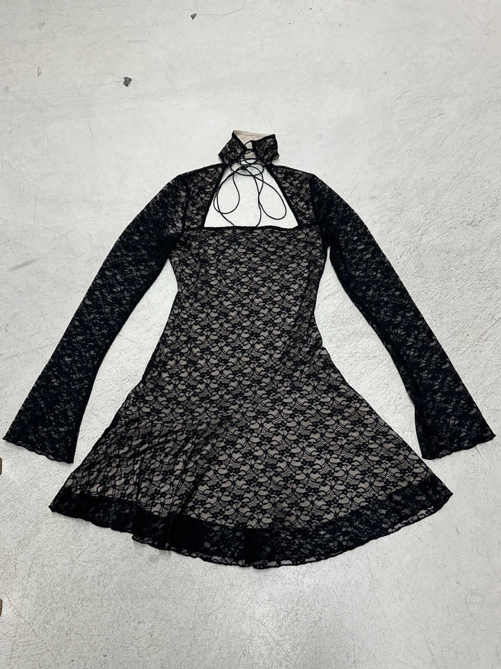 Damen Spitzenkleid mit kurzem Stehkragen und langen Ärmeln Drune