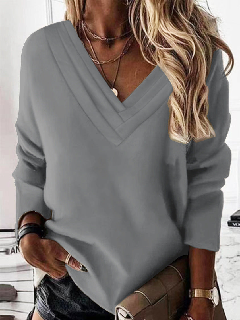 Damen Lässiges V-Ausschnitt Pullover mit eleganten Falten Drune