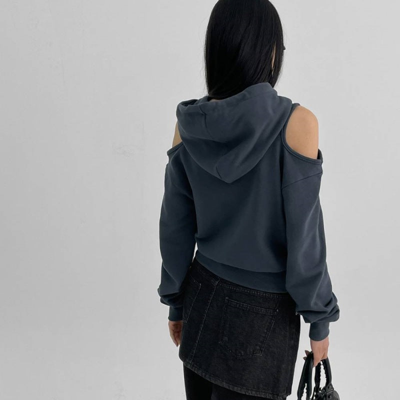 Damen modischer cropped Kapuzenpullover mit Cut-Out-Ärmeln Drune
