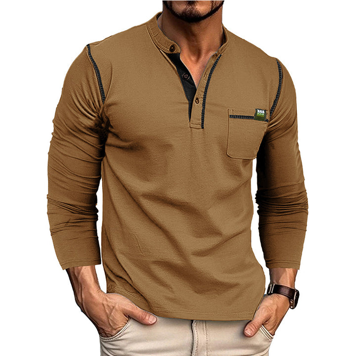 Herren Langarm-T-Shirt mit modernem Kragen und Brusttasche Drune