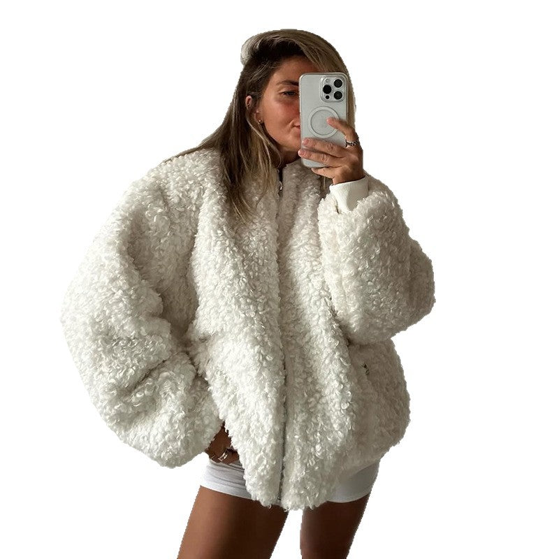 Damen gemütliche Teddyjacke mit hohem Kragen Drune