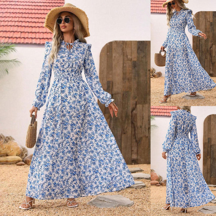 Drune | Floral Lange Ärmel Elegantes Frauen Lang Kleid