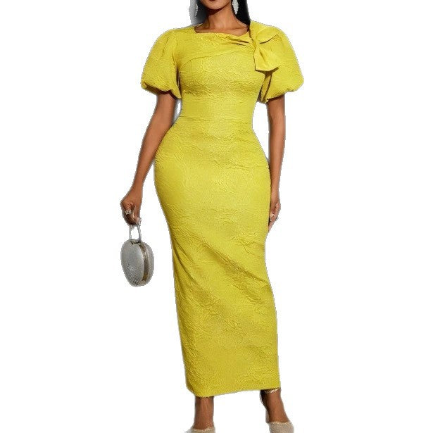 Damen elegantes Maxikleid mit voluminösen Puffärmeln und raffiniertem Schleifendetail Drune