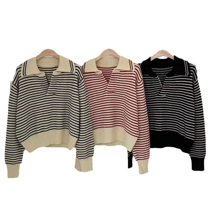 Damen Kuscheliger Strickpullover mit gestreiftem Design und modernem Kragen Drune